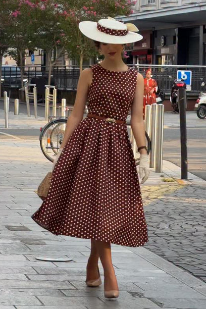Sleeveless Polka Dot Pleated Midi Dress