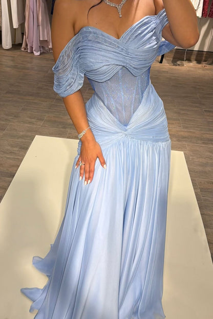 Off-the-Shoulder Corset Gown with Pleated Bodice