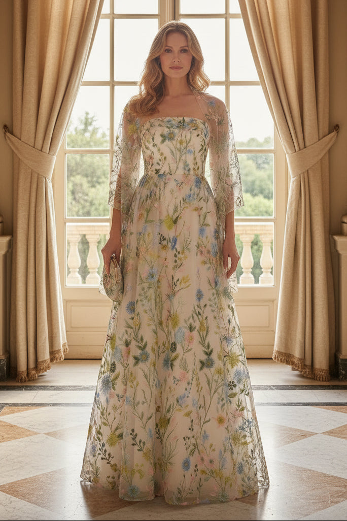 Floral Embroidered Strapless A-Line Gown with Shawl
