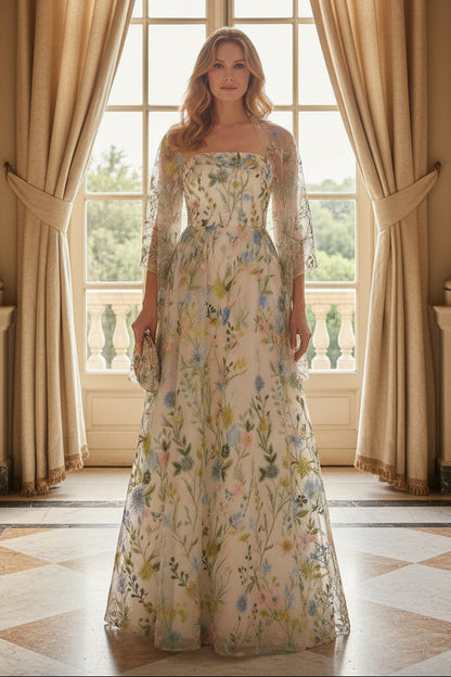 Floral Embroidered Strapless A-Line Gown with Shawl