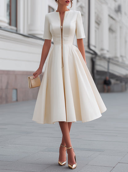 Front Zip Short Sleeve A-Line Midi Dress