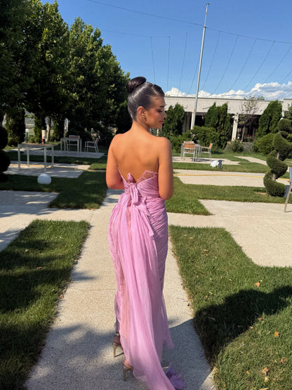 Strapless Pleated Evening Gown with High Slit