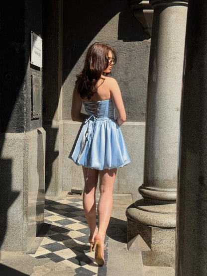 Strapless Satin Corset Mini Dress with Bubble Skirt