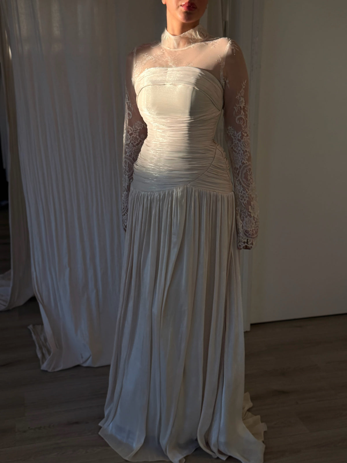 Ruched Drop Waist Gown with Illusion Lace Sleeves