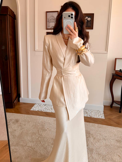 Asymmetrical Peplum Blazer and Maxi Skirt Set