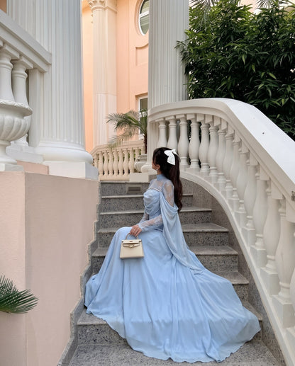Illusion Lace High-Neck Cape Sleeve Evening Gown