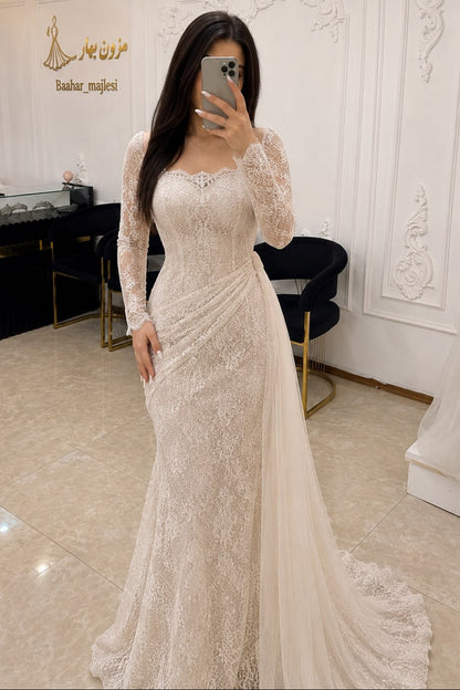Lace Long Sleeve Evening Gown with Draped Side Train
