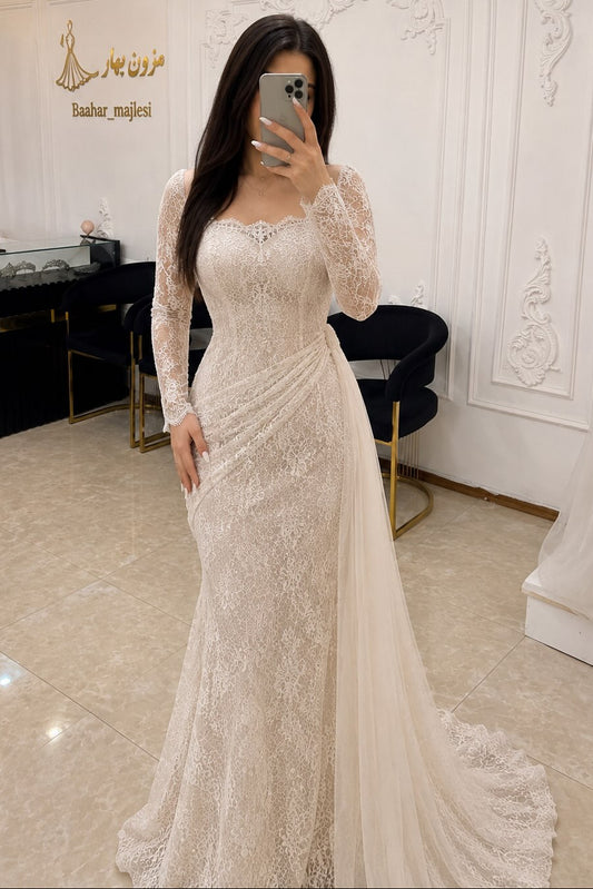 Lace Long Sleeve Evening Gown with Draped Side Train