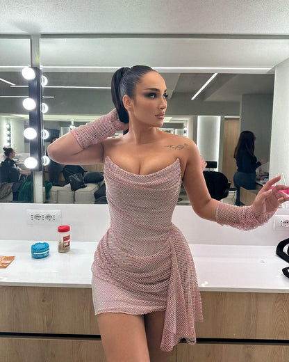 Strapless Rhinestone Mesh Mini Dress with Side Drape