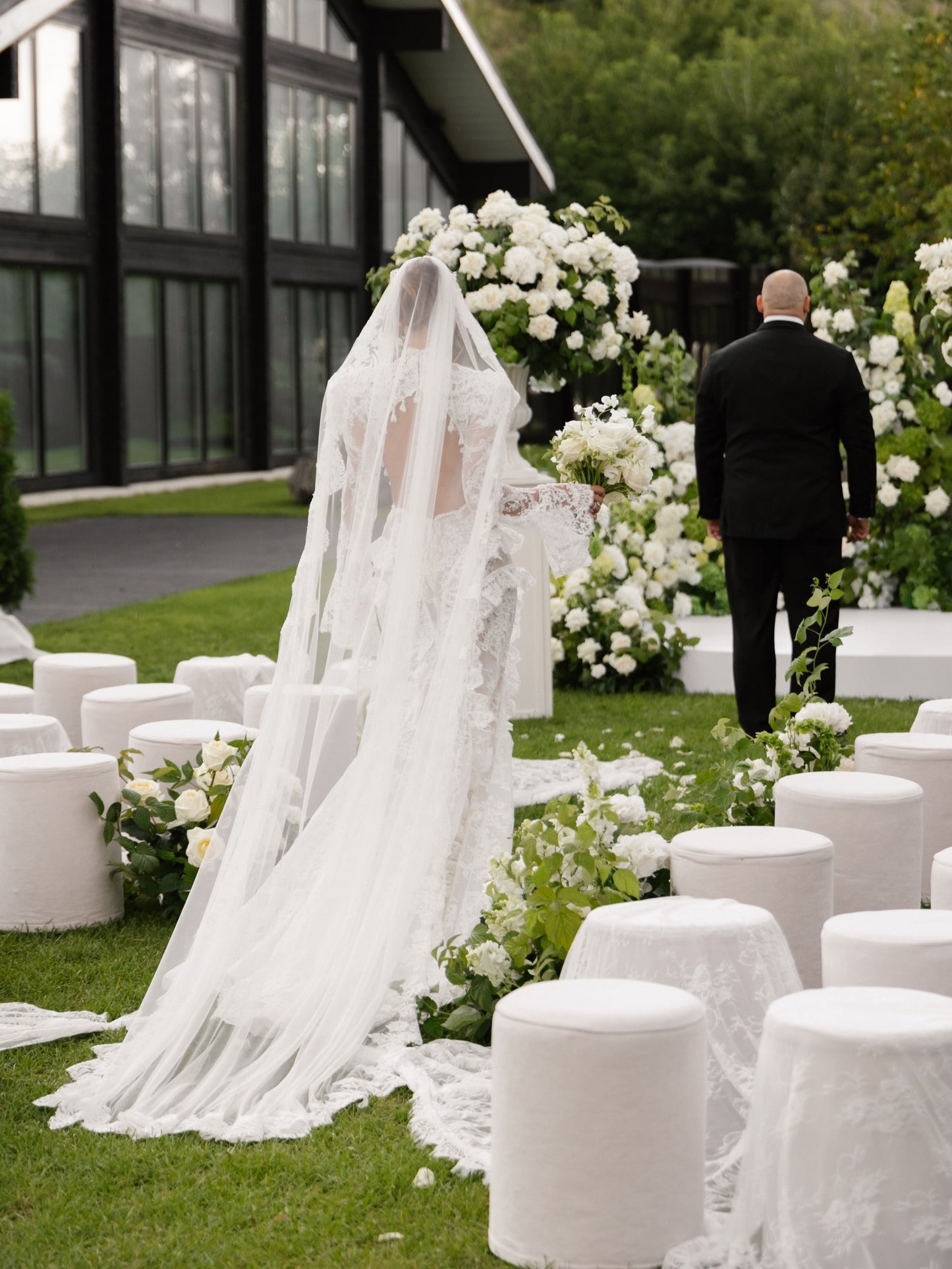 Long Sleeve Lace Bridal Gown with Dramatic Veil