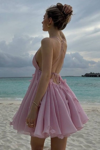 Backless 3D Floral Organza Mini Dress