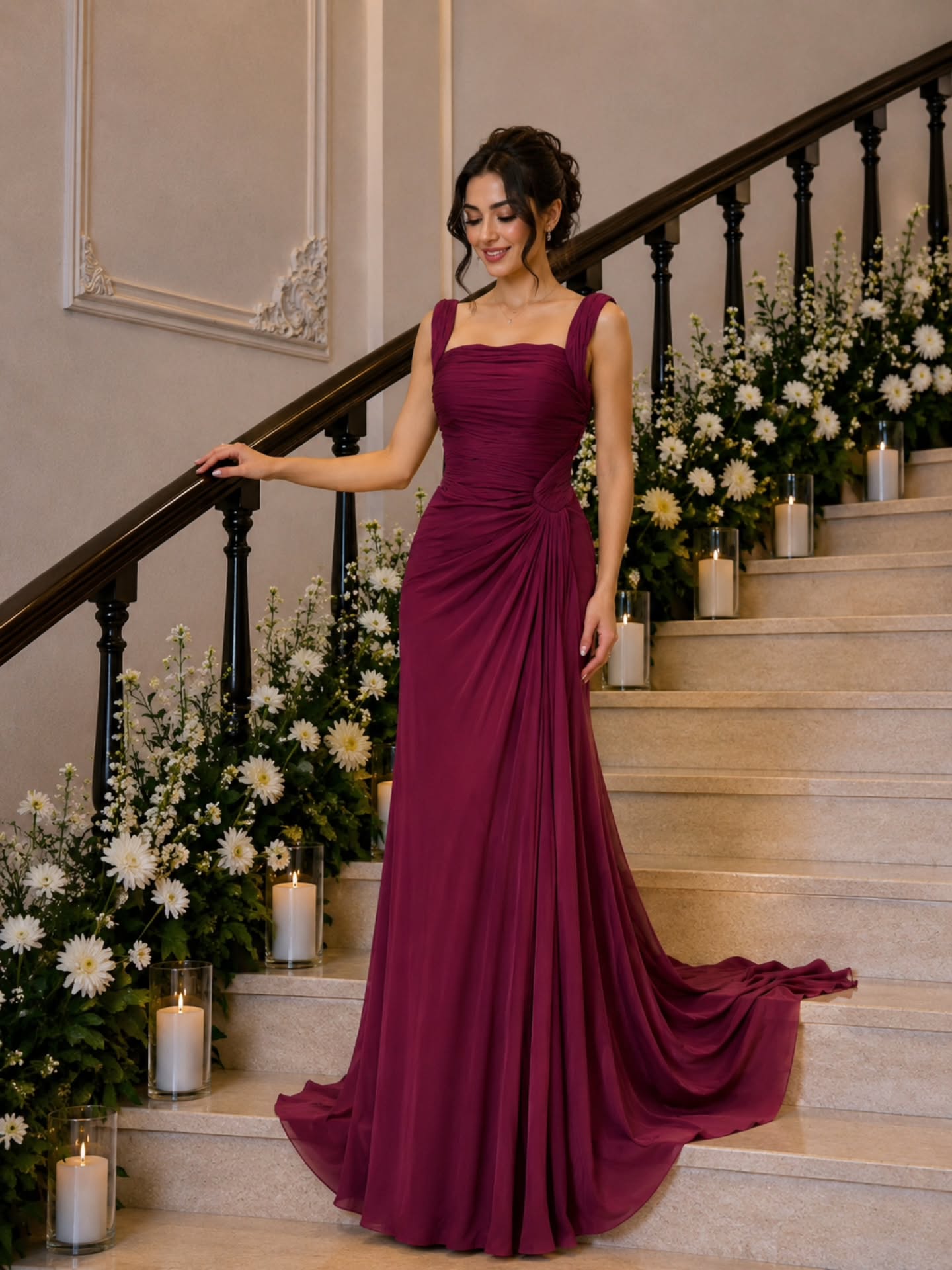 Ruched Column Gown with Side Draping and Square Neck