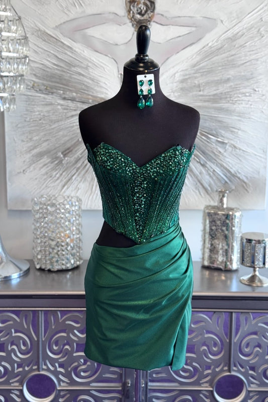 Corset Beaded Bodice Ruched Satin Mini Dress