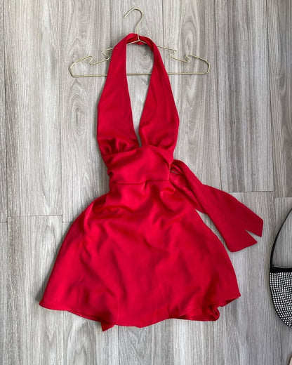 Satin Halter Deep V-Neck Mini Dress