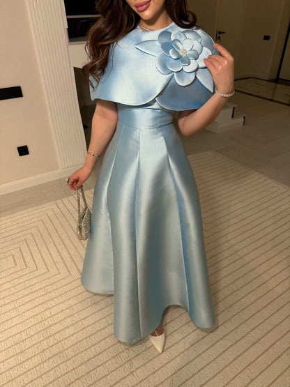 Satin A-Line Dress with 3D Floral Capelet