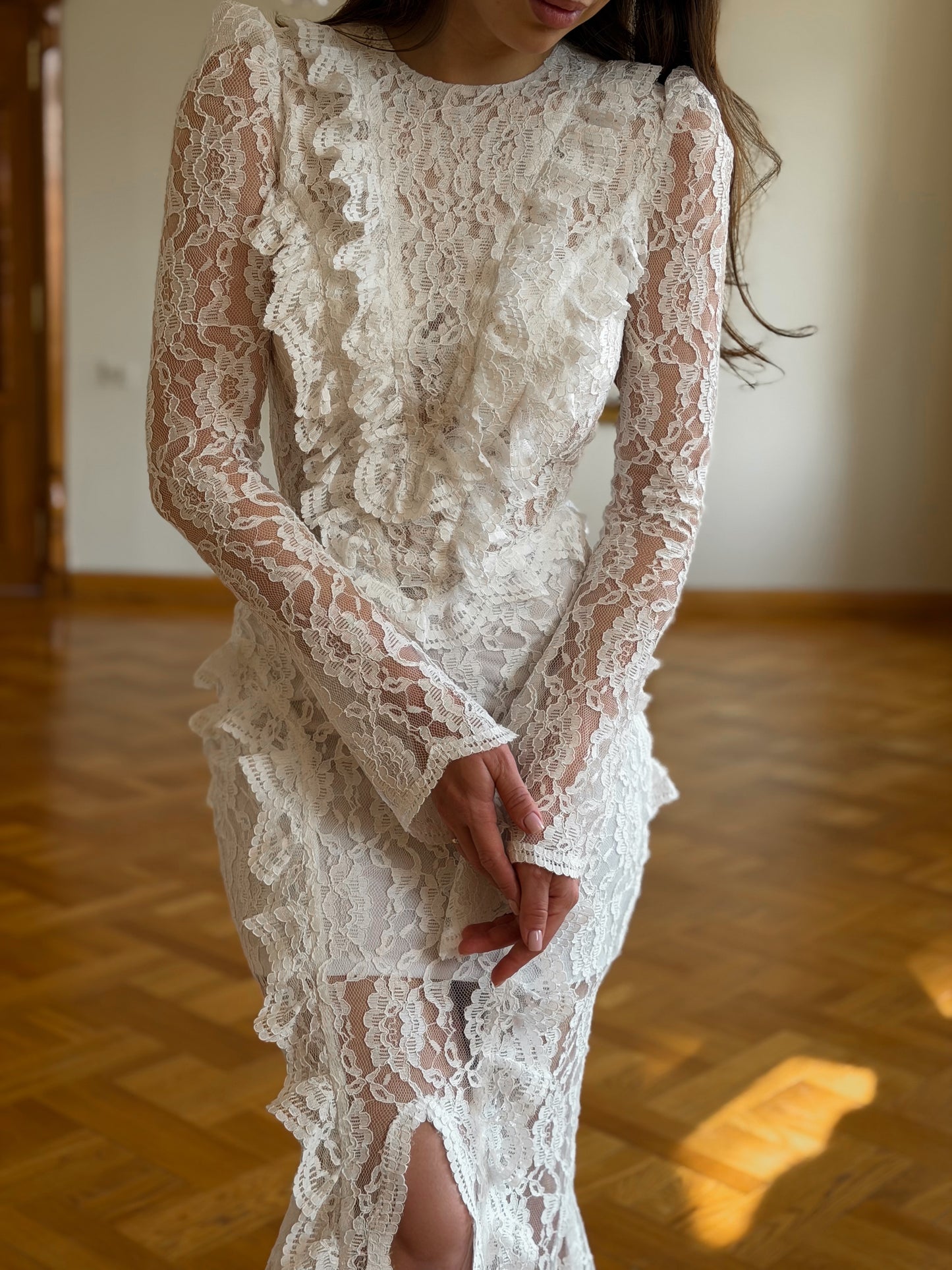 Lace Flared Sleeve Cut-Out Back Ruffle Gown