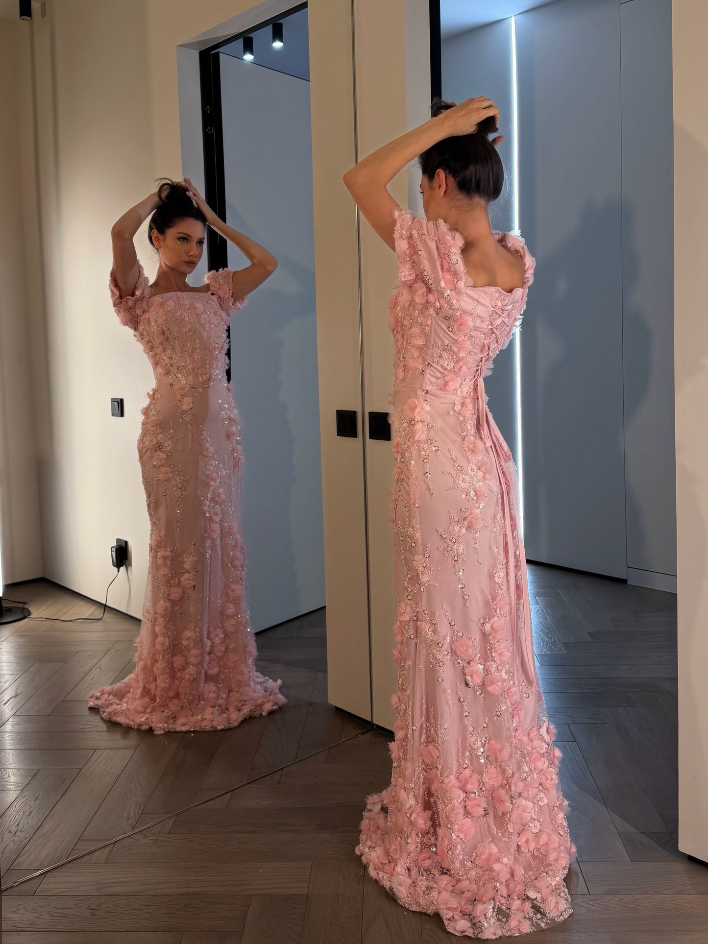3D Floral Sequin Gown with Puff Sleeves
