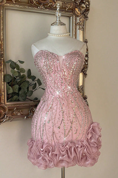 Strapless Sweetheart Sequin Ruffle Mini Dress