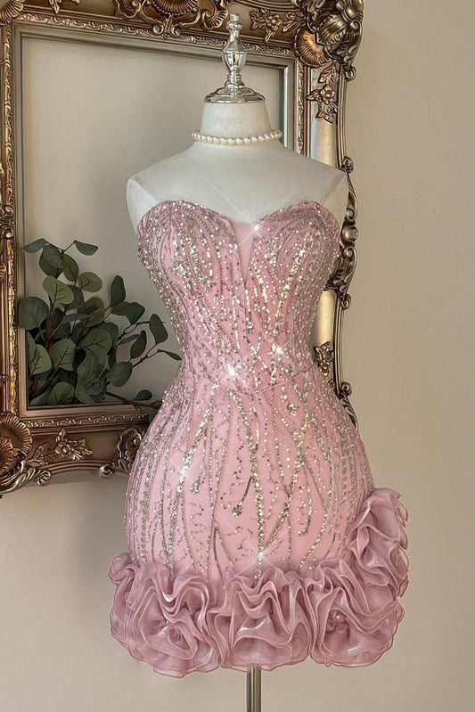 Strapless Sweetheart Sequin Ruffle Mini Dress