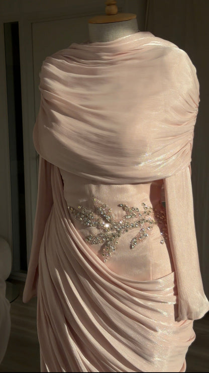 Draped Cowl Maxi Evening Gown with Beaded Waist
