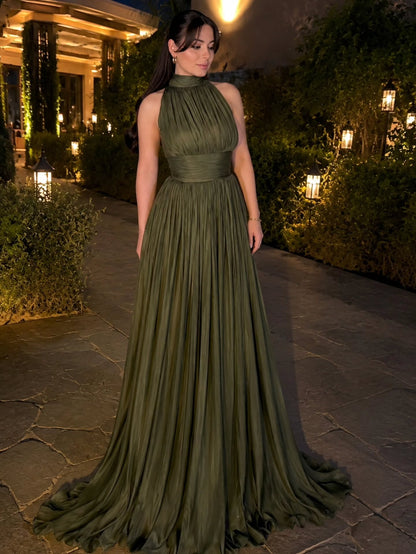 Pleated High Neck Sleeveless Floor-Length Evening Dress