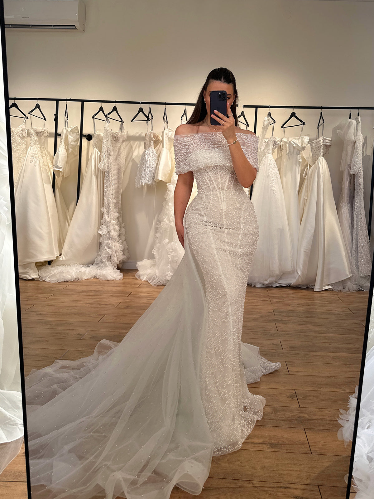Off-the-Shoulder Pearl Beaded Mermaid Wedding Gown
