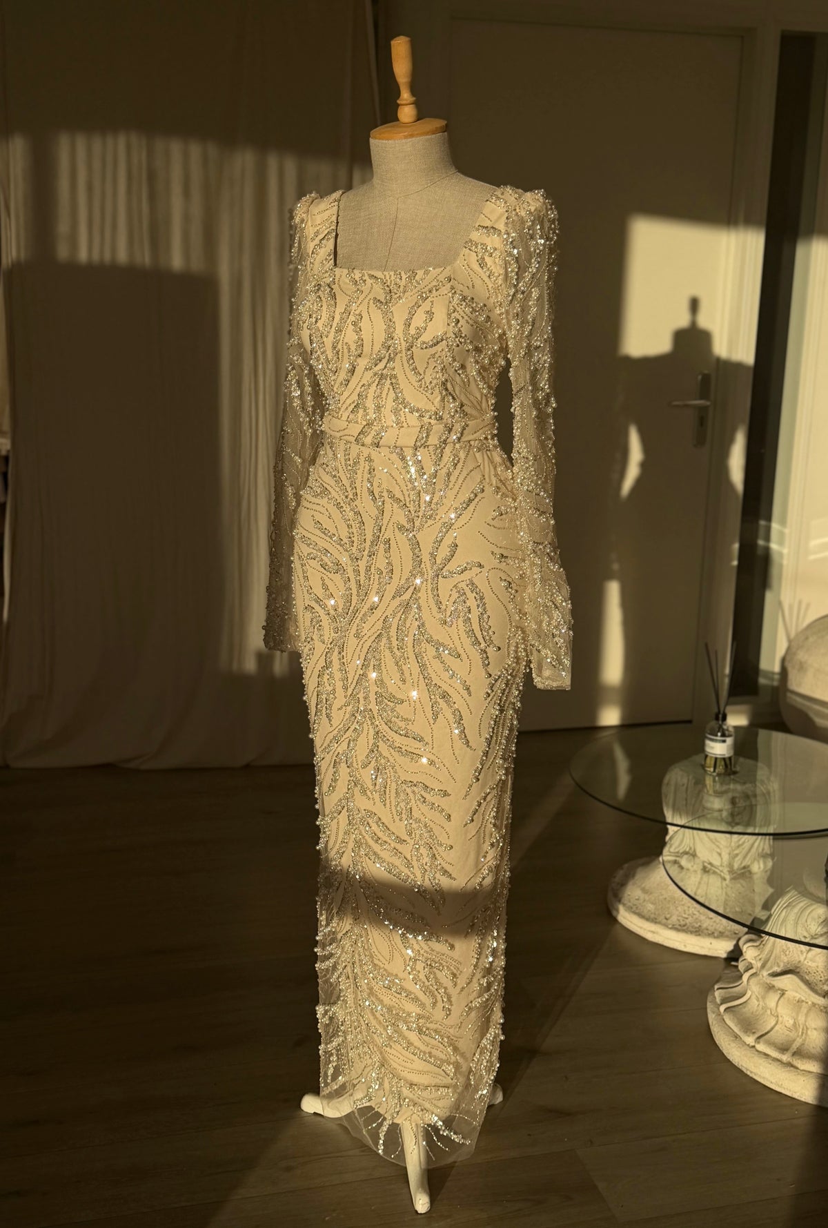 Sequin Swirl Long Sleeve Square Neck Maxi Dress