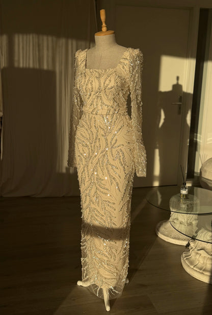 Sequin Swirl Long Sleeve Square Neck Maxi Dress