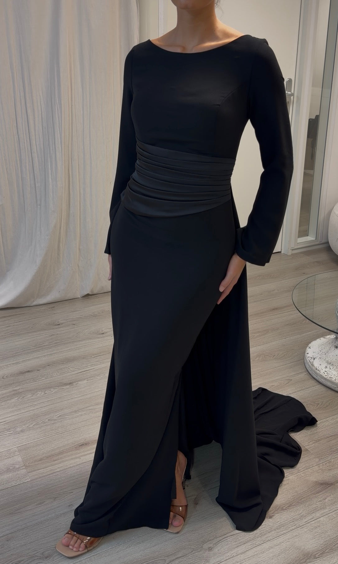 Long Sleeve Column Gown with Pleated Waistband
