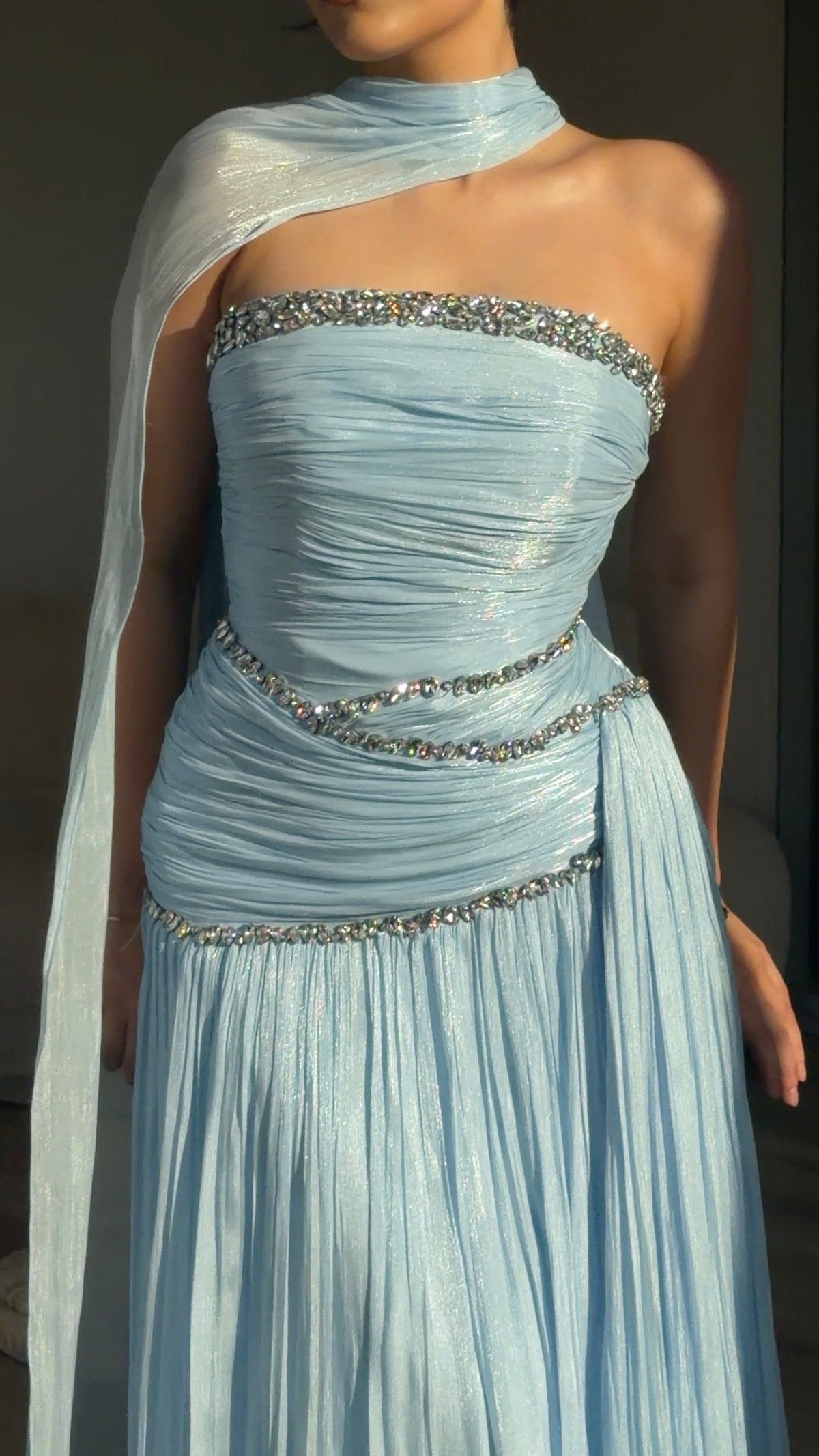 Ruched Column Gown with Draped Cape and Crystal Trim