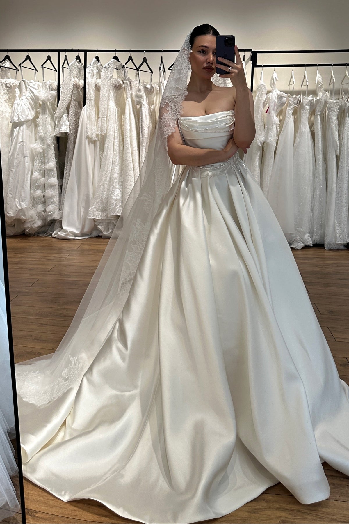 Strapless Pearl-Beaded Satin Ball Gown Wedding Dress