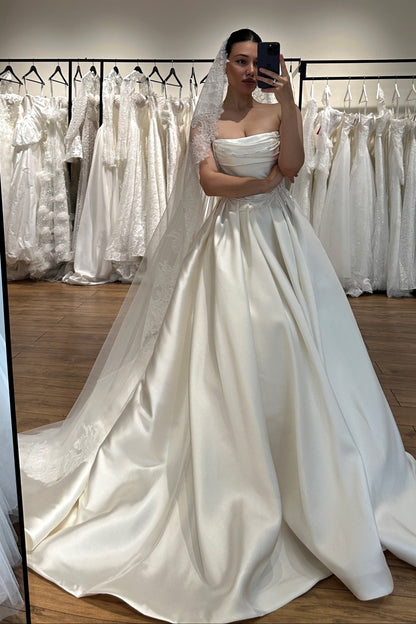 Strapless Pearl-Beaded Satin Ball Gown Wedding Dress