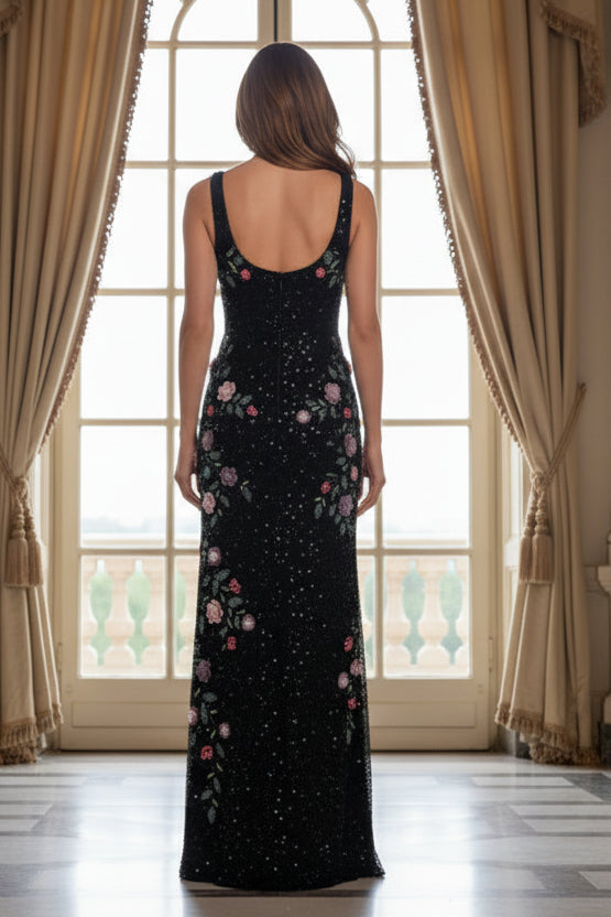 Embroidered Floral Beaded Column Evening Gown