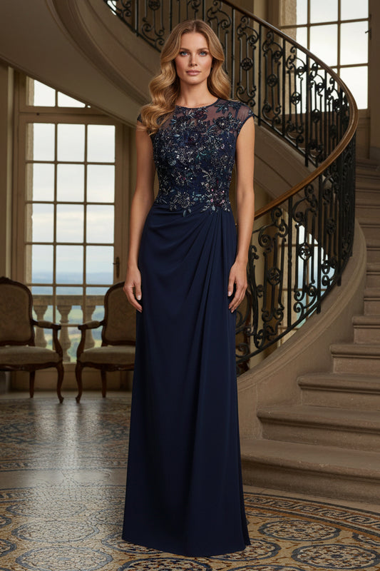 Cap Sleeve Illusion Beaded Evening Gown