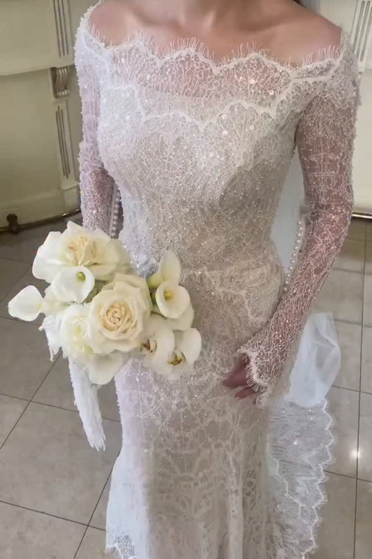 Off-Shoulder Long Sleeve Lace Mermaid Wedding Dress