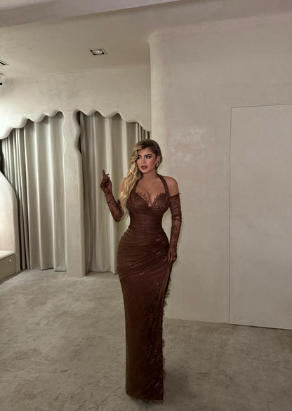 Elegant Ruched Lace Halter Gown with Gloves