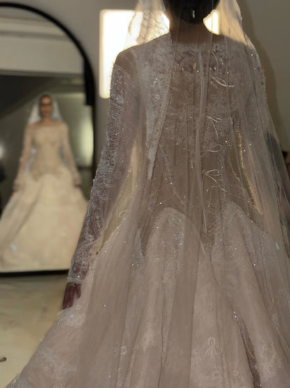 Lace & Beaded Ball Gown Wedding Dress with Sleeves