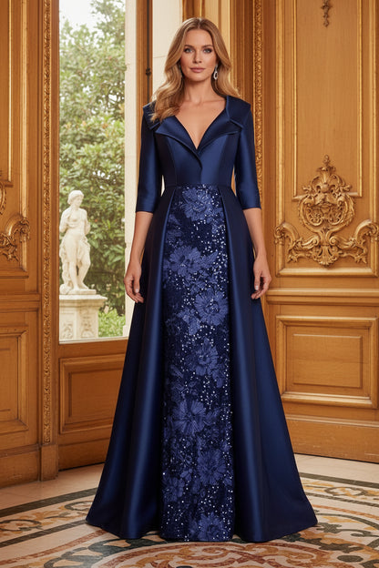 Collared Satin Evening Gown with Sequin Floral Skirt