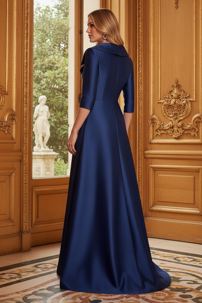 Collared Satin Evening Gown with Sequin Floral Skirt