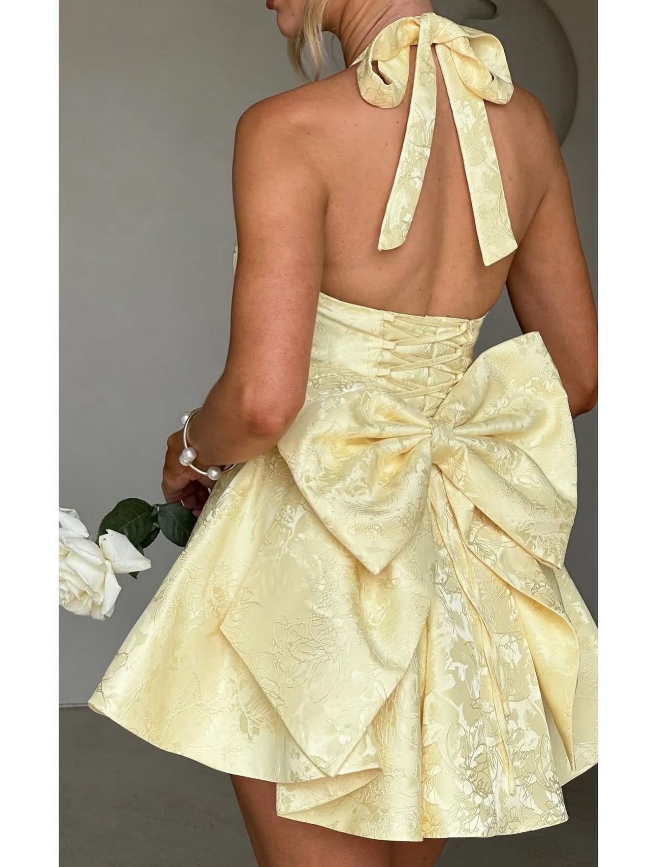 Halter Jacquard Mini Dress with Statement Bow