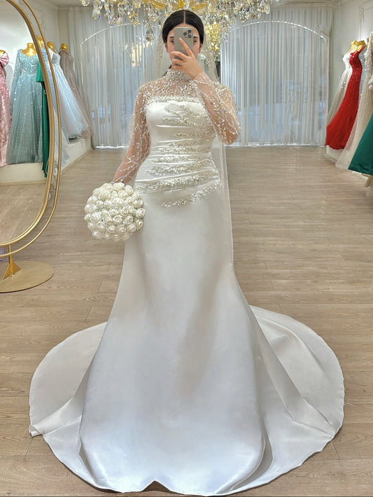 Beaded Illusion Long Sleeve Satin Wedding Gown