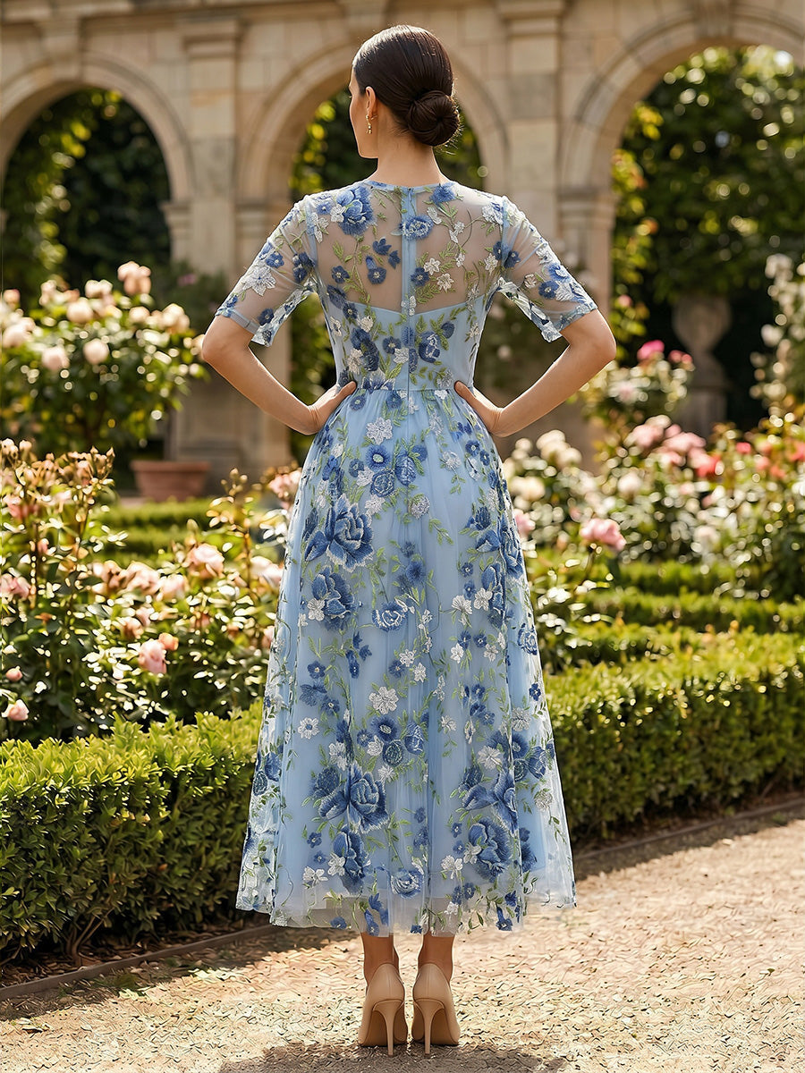 Floral Embroidered Illusion Midi Dress