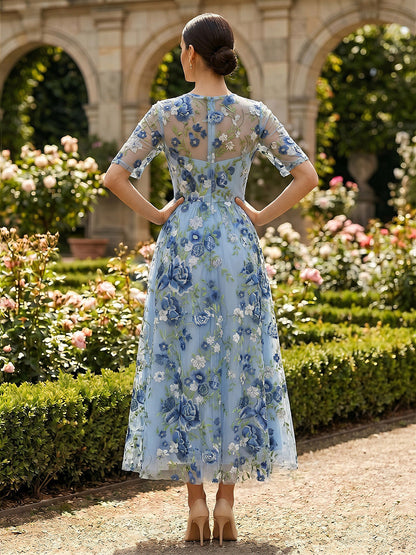 Floral Embroidered Illusion Midi Dress