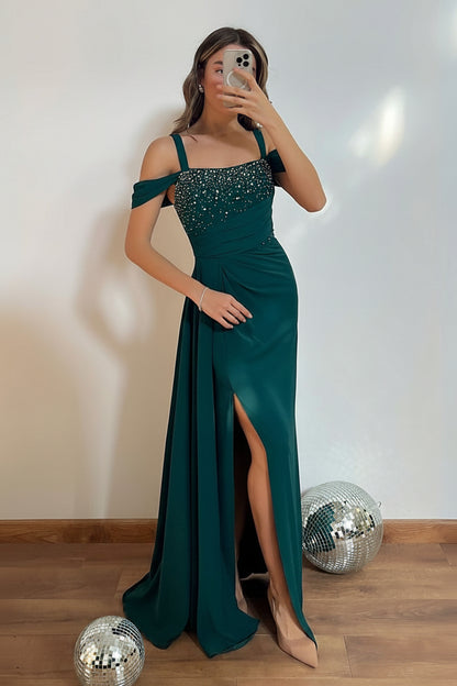 Beaded Off-Shoulder Slit Satin Evening Gown