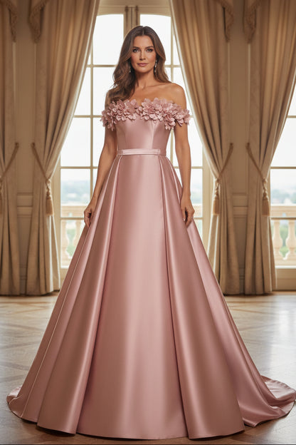 3D Floral Off-Shoulder Satin A-Line Evening Gown