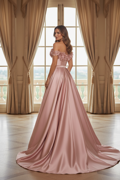 3D Floral Off-Shoulder Satin A-Line Evening Gown