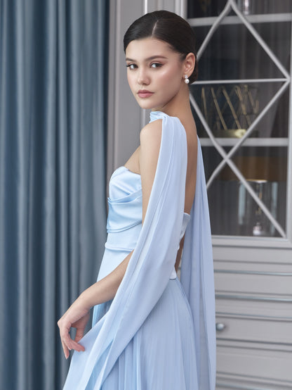 Pleated Chiffon Evening Gown with Drape