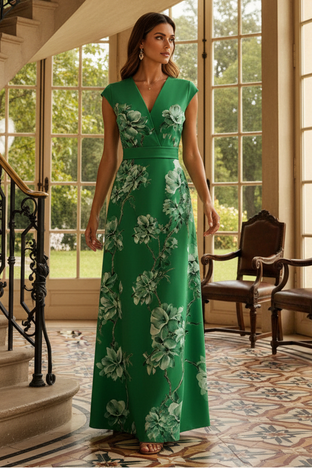 Elegant Floral Print V-Neck Maxi Dress