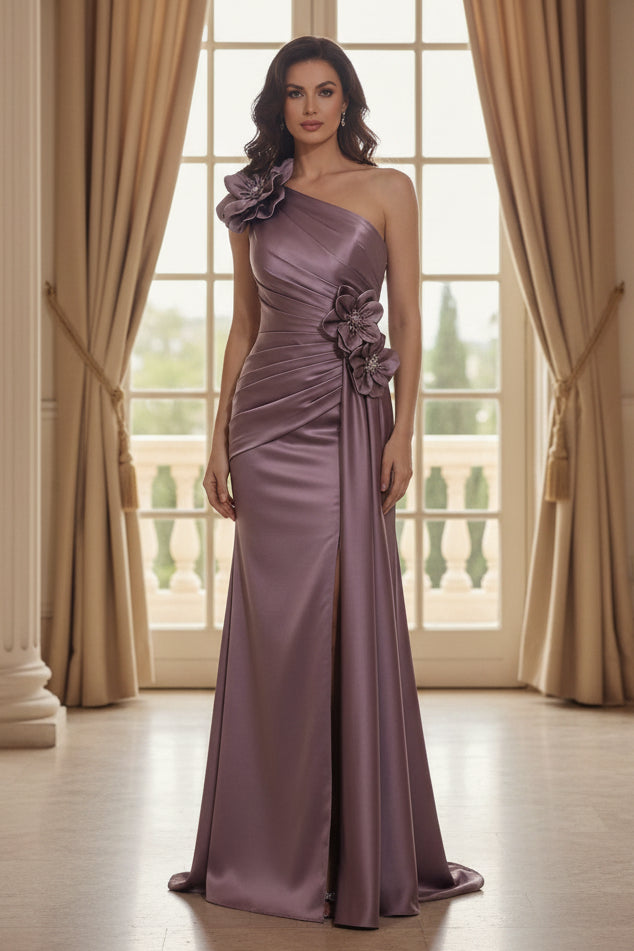 One-Shoulder Ruched Satin Gown with 3D Flowers & High Slit