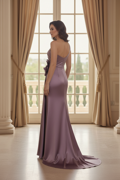 One-Shoulder Ruched Satin Gown with 3D Flowers & High Slit